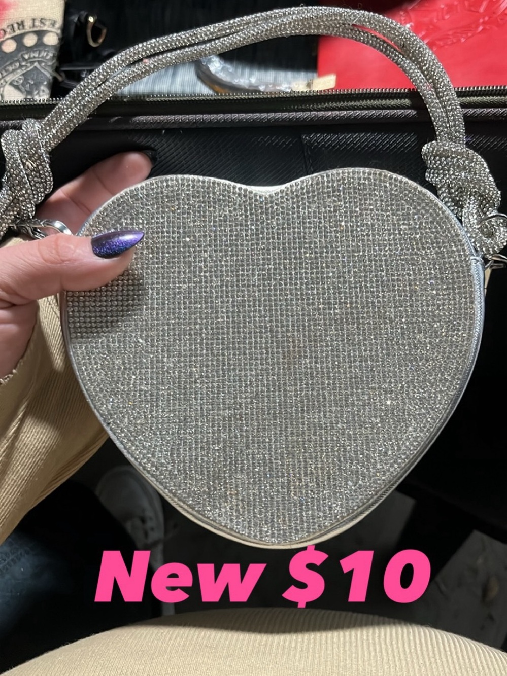 Red Dress Shining Lights Silver Rhinestone Heart Handbag
